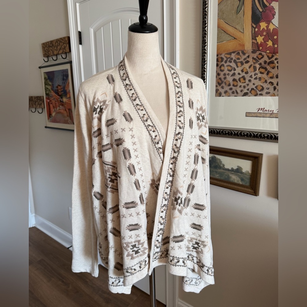 Lucky Cream and Brown Embroidered Open Cardigan